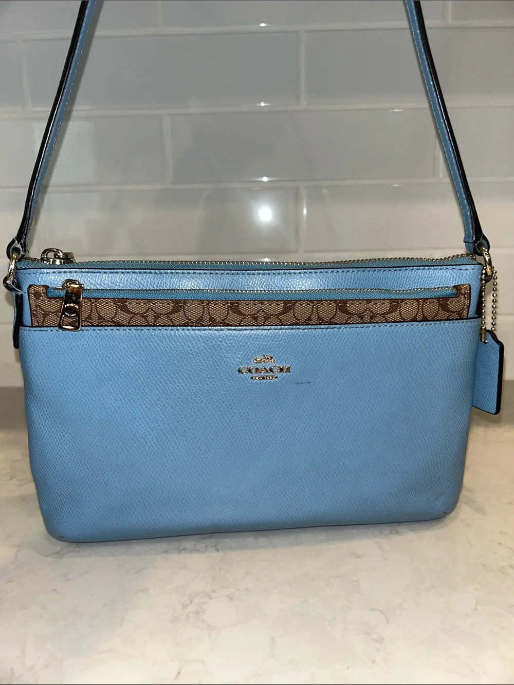 COACH F52881 blue Crossgrain leather crossbody bag